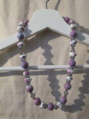 Purple Floral Beaded Necklace Ceramic Glass Beads Boho Cottagecore